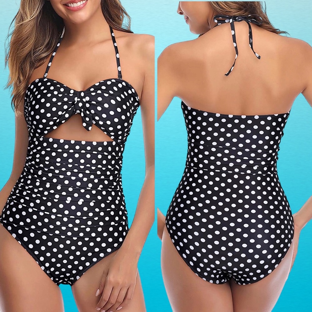 One Piece Swimsuit Tummy Control High Waisted Halter Front Tie SIZE M Retro